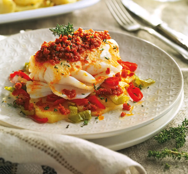 Bacalao confitado con costra de sobrasada y miel, pimientos y patatas